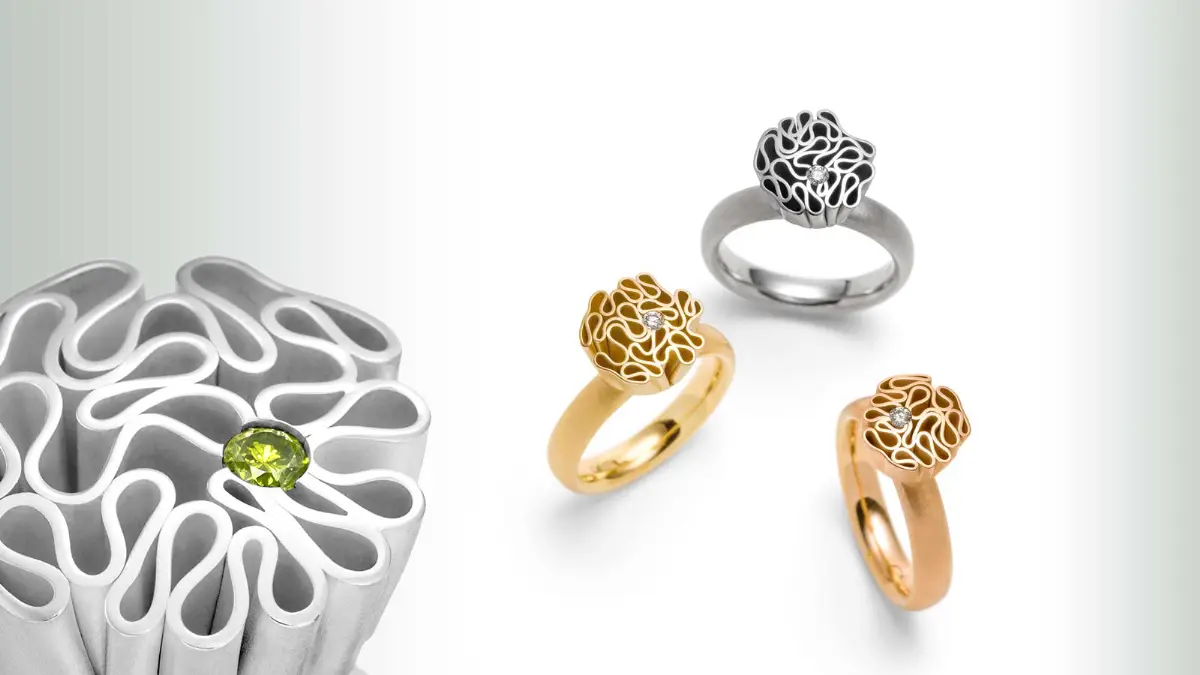 Verlobungring drei Ringe Silberring Goldring mit Brillanten Schmuckserie Koralle von Grote contraste - Goldschmied Köln Jutta Grote Goldschmiedemeisterin Schmuck Köln